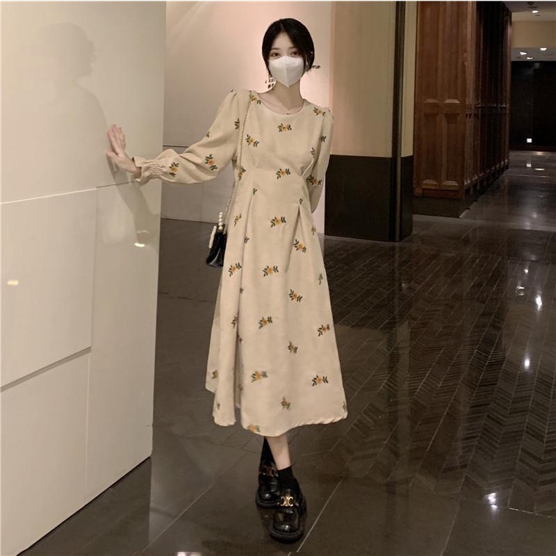 Đầm dài tay họa tiết in hoa cao cấp thời trang dành cho nữ