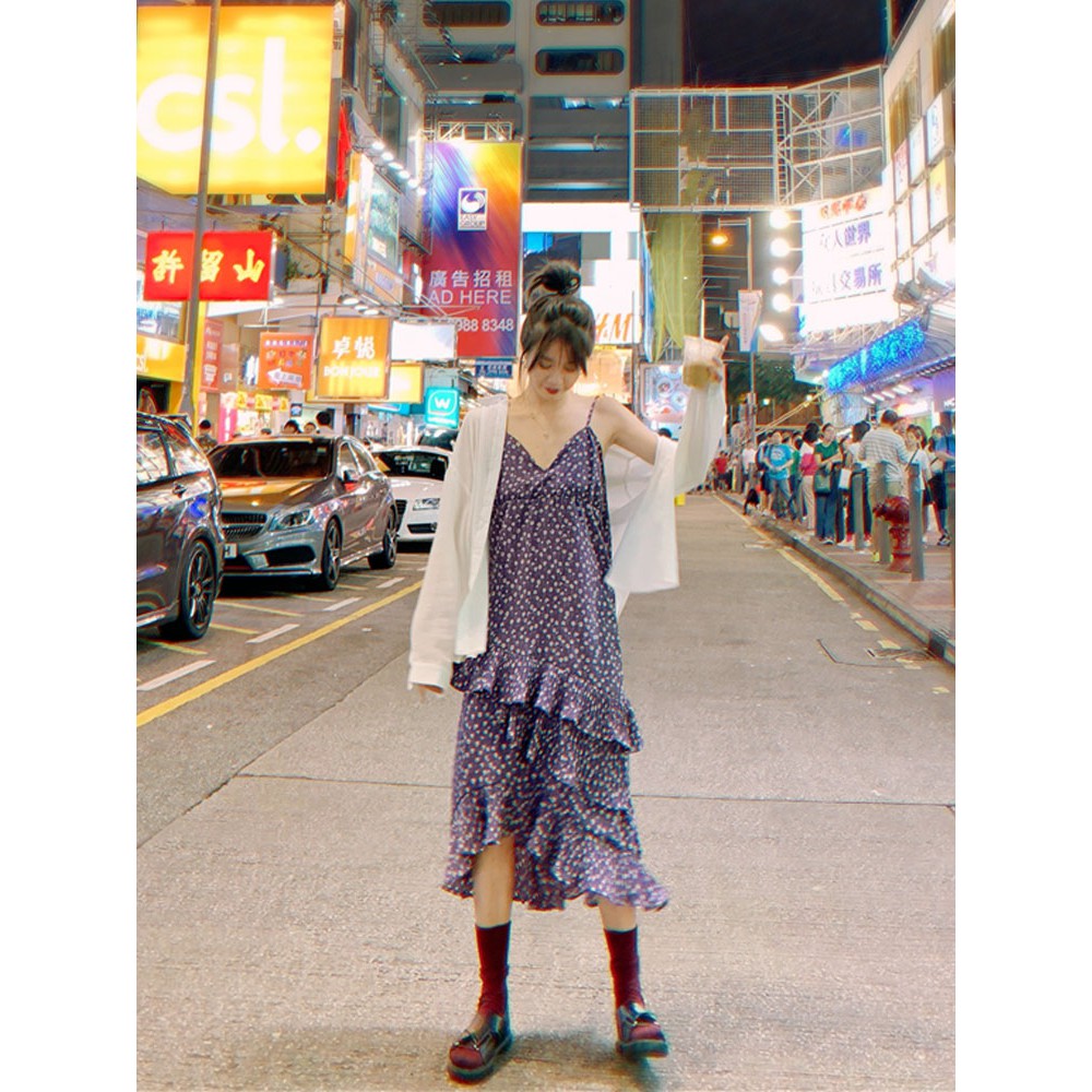 (ORDER) Váy hai dây hoa tím cổ V phối viền đuôi cá 3 tầng retro Vintage Hàn Quốc