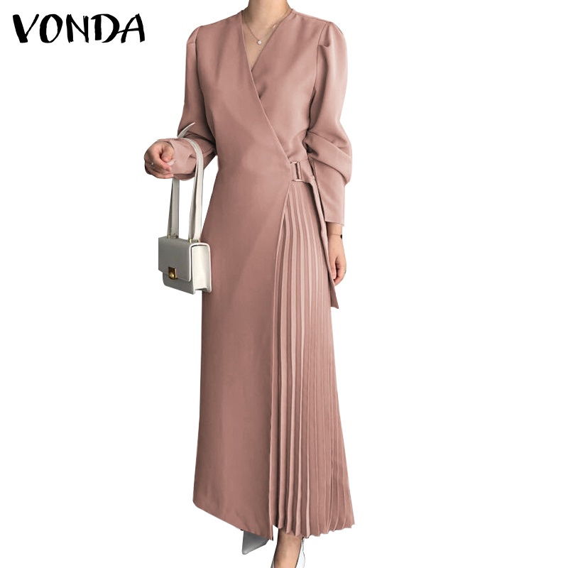 Đầm dài VONDA kiểu xếp ly phối thắt lưng dài tay màu trơn phong cách Hàn Quốc thanh lịch cho nữ