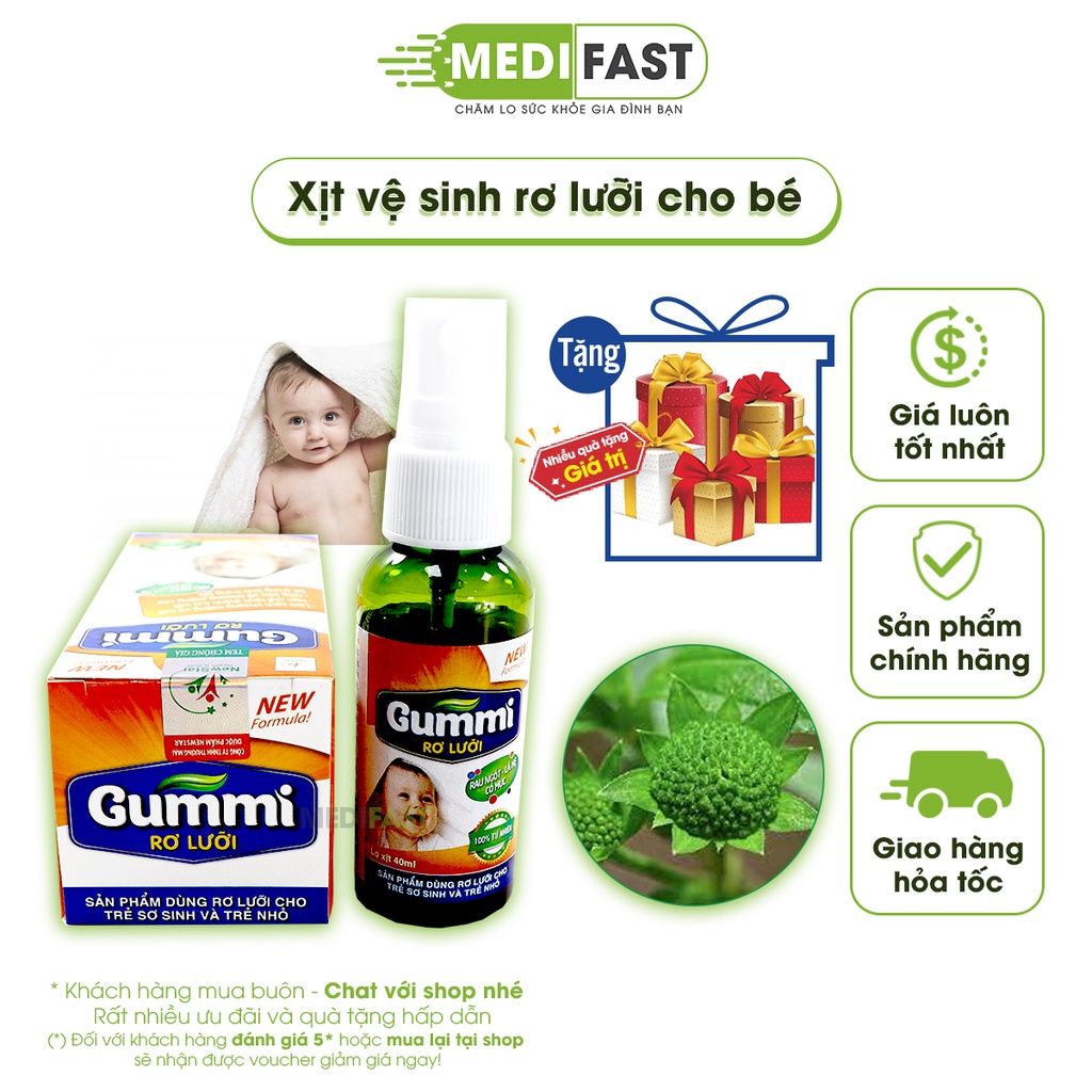 Xịt rơ lưỡi Gummi - Vệ sinh răng miệng cho bé, hạn chế hình thành tưa lưỡi từ Cỏ mực, Lá hẹ - Lọ 40ml