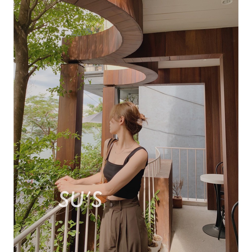 Áo hai dây bản to croptop có sẵn đệm mút, áo bra nâu be đen Rosie Dream Shop