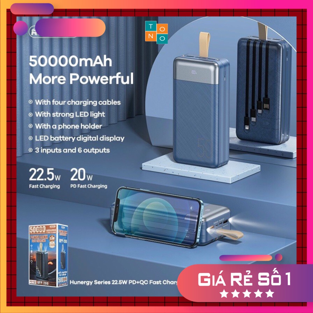 Pin dự phòng 50000 mAh Remax RPP-200 hổ trợ sạc QC3.0 PD 20W tích hợp 04 cáp sạc vào, ra đa năng Max 22.5W