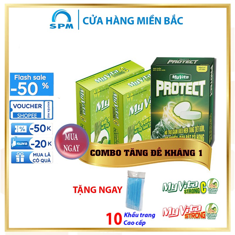 Combo TĂNG SỨC ĐỀ KHÁNG 2 hộp viên C sủi vitamin Myvita Strong C & 1 Viên ngậm Myvita Protect (Sả - 