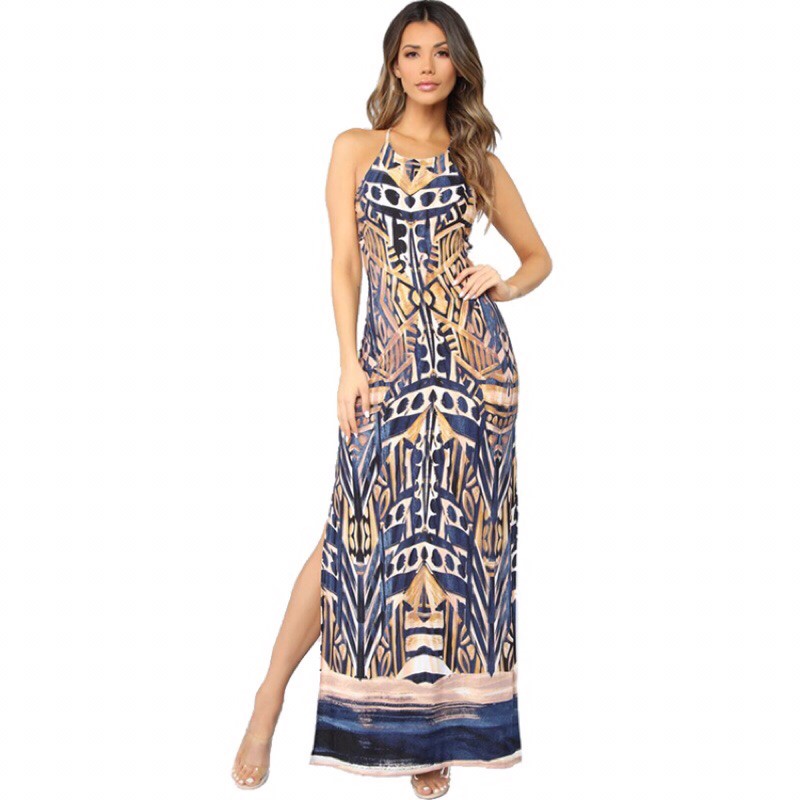 Đầm Maxi Dây Vải Lanh Hoa Dài 130cm Free Size Dưới 65kg - Hàng Việt Nam - Lucky Girl shop