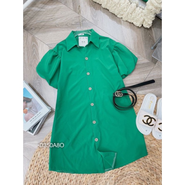 Váy Sơ Mi Suông Ngắn Tay Bồng Tiểu Thư Áo Kiểu Sơ Mi Form Dài Dáng Giấu Quần Kate Thô Mịn Màu Xanh Lá D305A8O