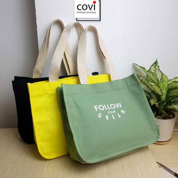 Túi Tote Vải Canvas Hàn Quốc Phối Chữ Follow Màu Đen, Vàng, Xanh Thương Hiệu COVI- T46