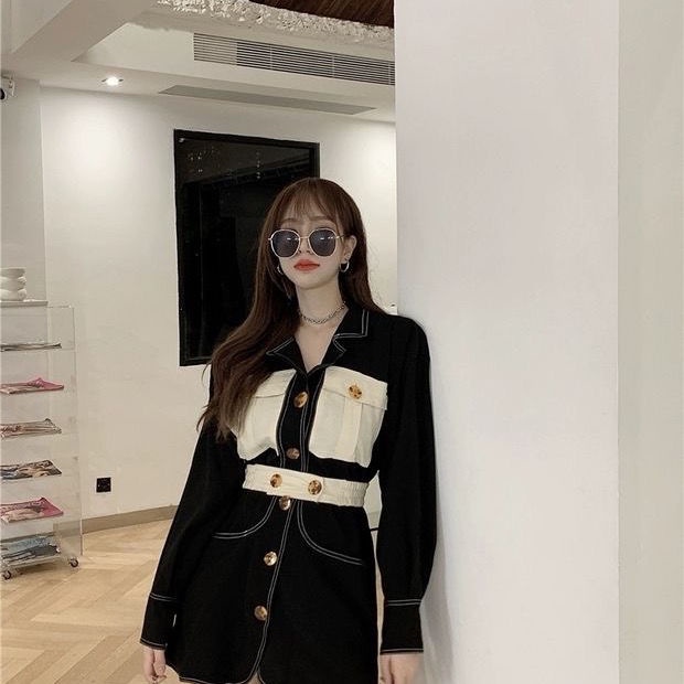 Đầm mỏng cổ vest màu đen phong cách retro Hàn Quốc thời trang thu đông cho nữ 2021