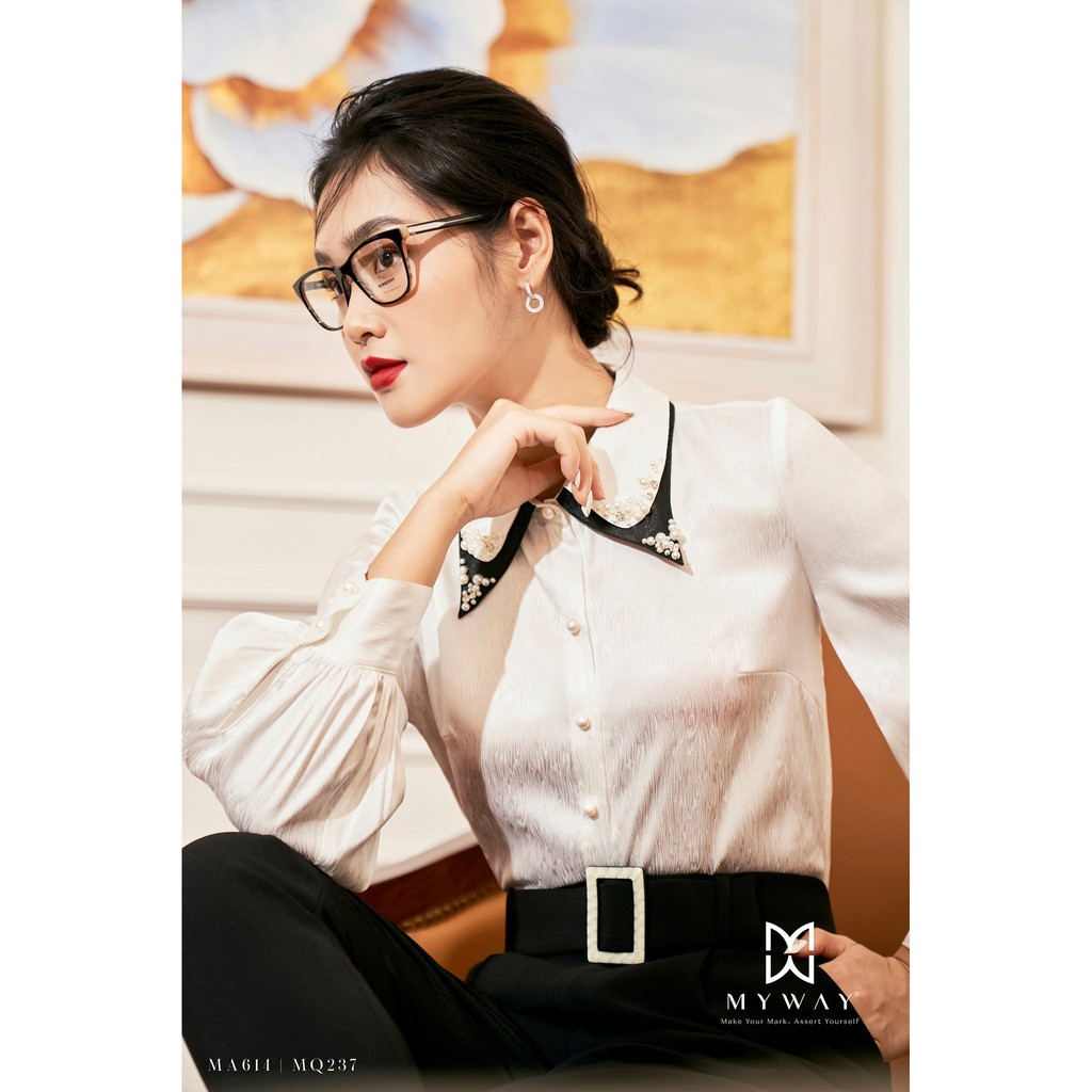 Áo Sơ Mi Nữ MY WAY Trắng Công Sở Tay Bồng Cổ Áo Cách Điệu Sang Trọng MA614