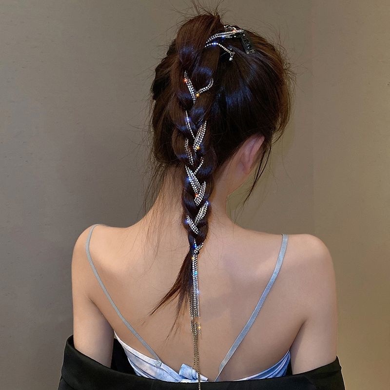 Kẹp tóc trang trí kiểu tóc bím đính đá phối dây xích chất lượng cao cho nữ