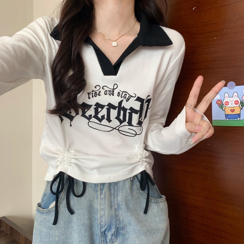 Áo Sơ Mi Dài Tay Cổ Polo Phối Dây Rút Màu Sắc Tương Phản Thời Trang Hàn Quốc Cho