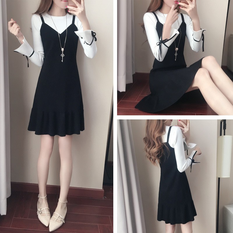 Đầm nữ giả yếm phối tay loe thắt nơ nữ tính