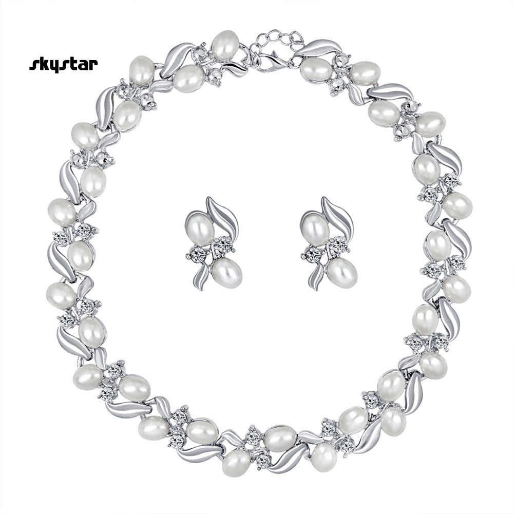 Bộ Vòng cổ + Bông Tai Đính Đá &amp; Ngọc Trai Giả Thời Trang Cho Nữ