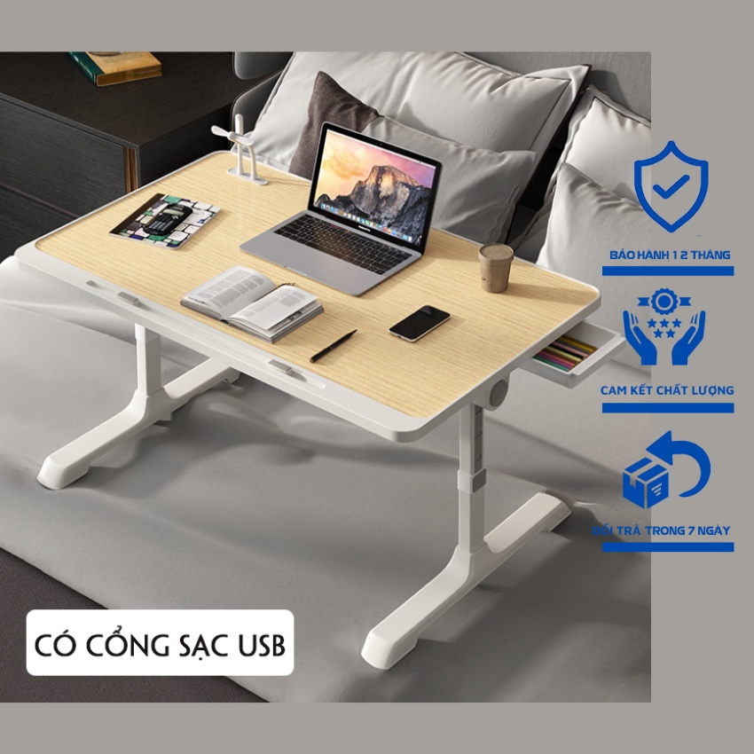Bàn để laptop trên giường gấp gọn tích hợp cổng sạc USB, khe để ipad kèm giá đỡ đọc sách xoay 270 độ
