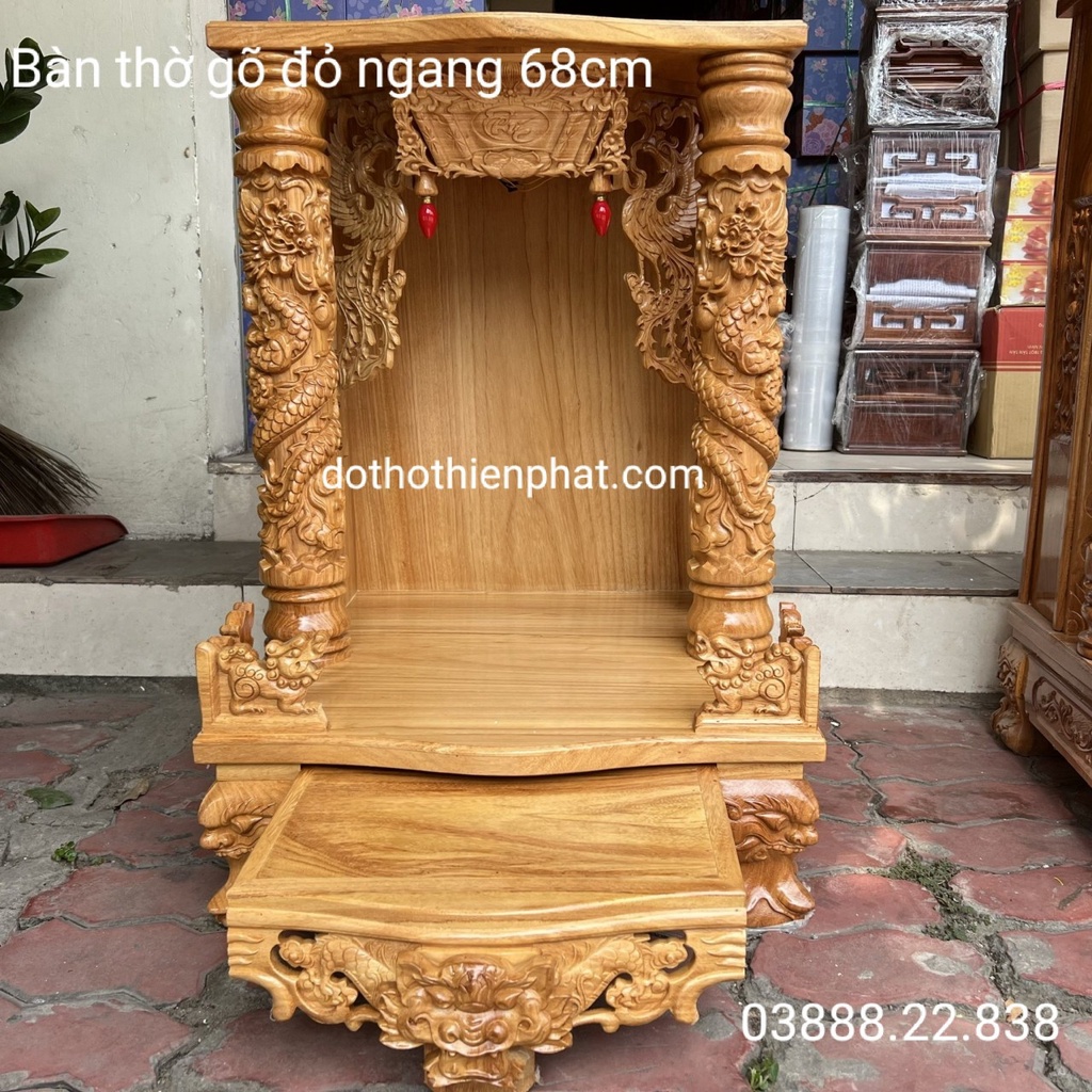 Bàn thờ thần tài ông địa gỗ gõ đỏ ngang 68cm cột 10cm