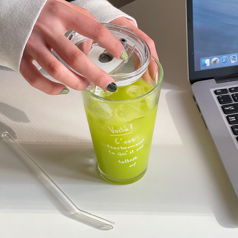 Cốc Thủy Tinh Uống Nước Kèm Ống Hút Phong Cách Pháp Lãng Mạn