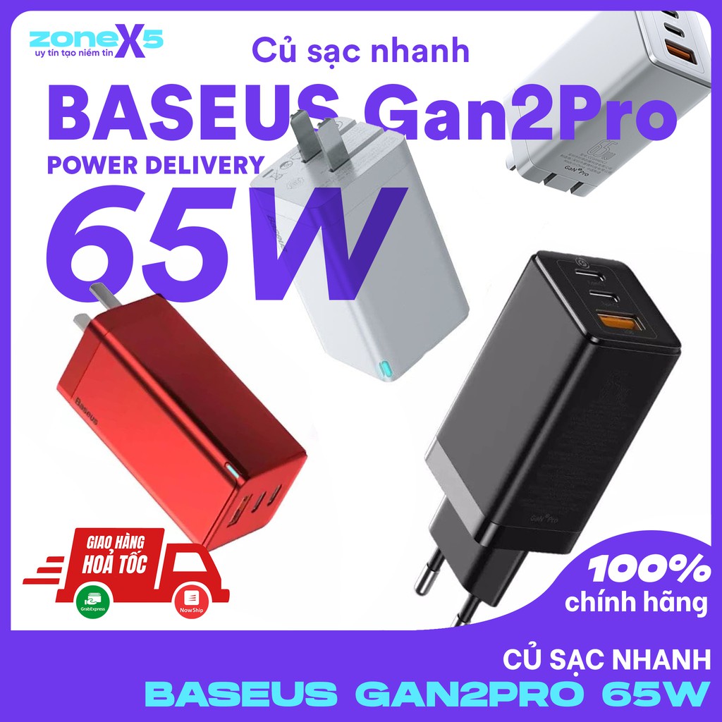 Củ Sạc Nhanh Baseus 65W GaN 2 Pro Cho Laptop Macbook iPad iPhone Samsung - Power Delivery 3.0, Quick Charge 3.0