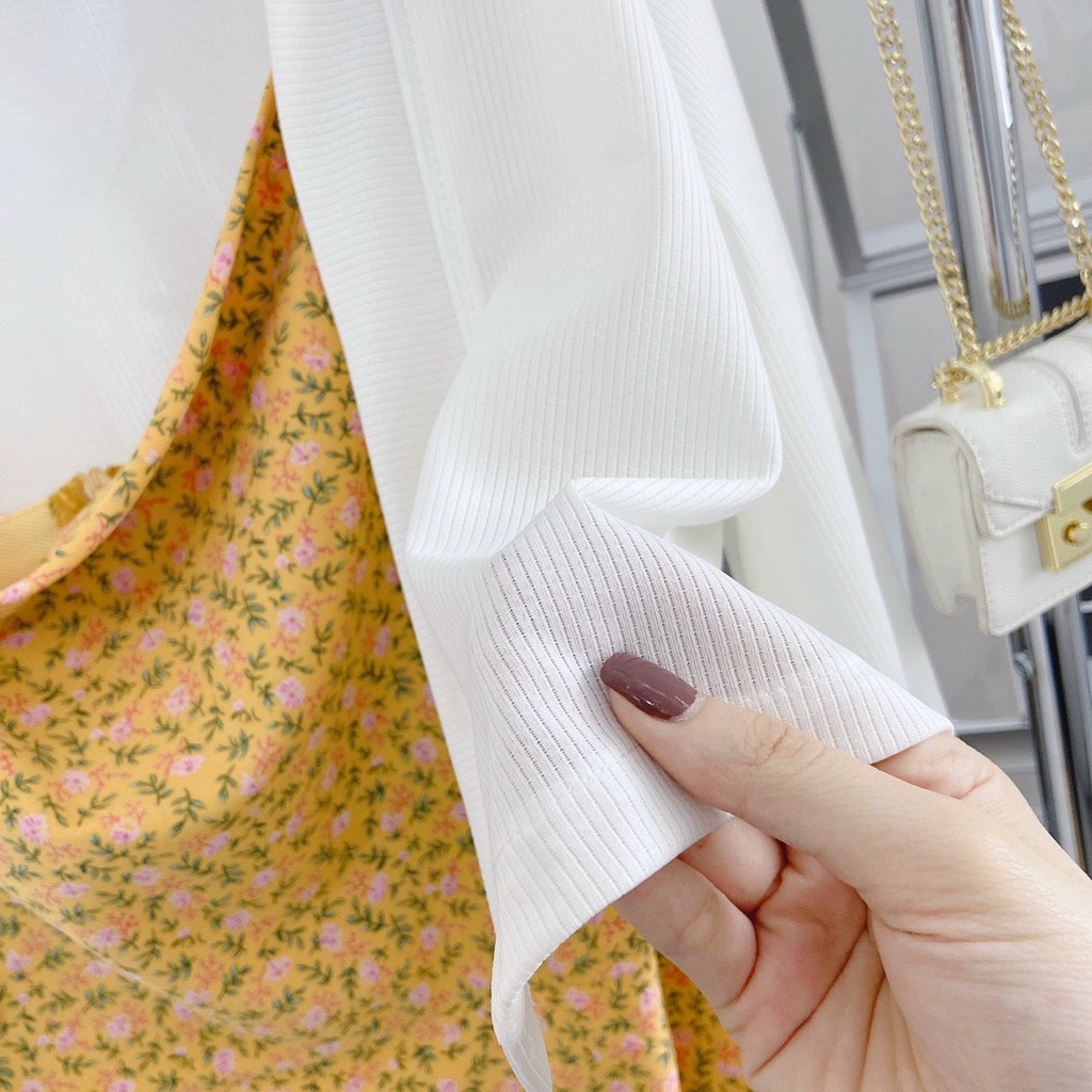 Set đầm 2 dây hoa kèm khoác cardigan màu vàng siêu tôn da | BigBuy360 - bigbuy360.vn