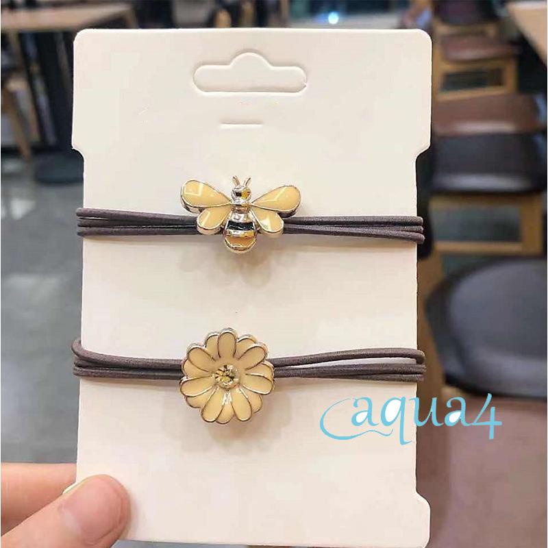 ANANA-Hair Ties for Women, Elastic Hair Rope with Alloy Daisy/Bee Decor, Ponytail Hair Holder Bracelet for Girls, Teens, Apricot