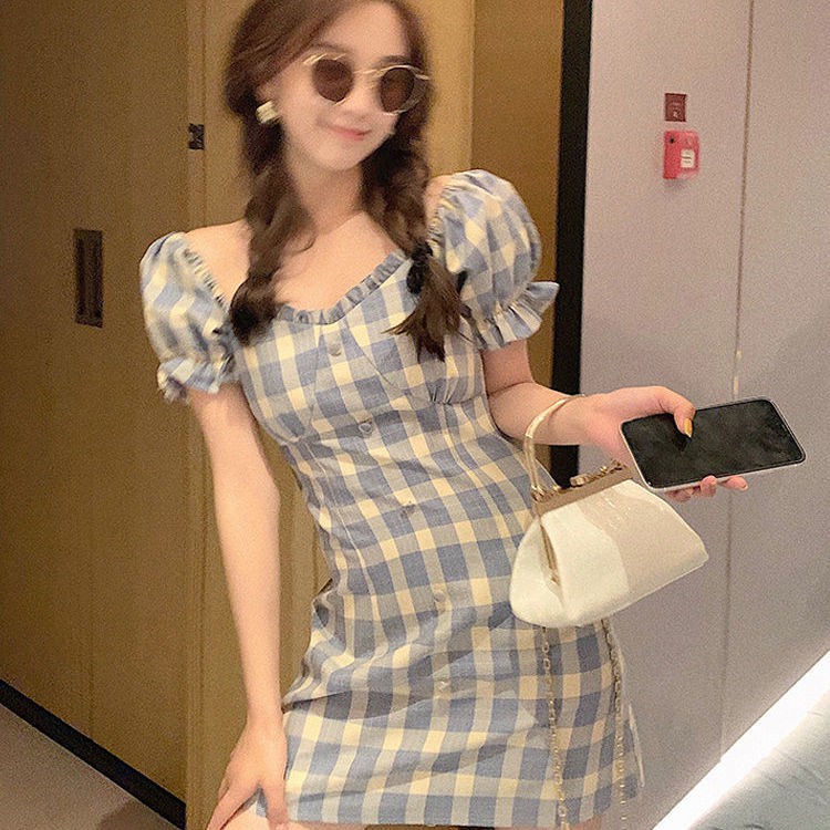 Đầm Trễ Vai Tay Phồng Họa Tiết Ca Rô Thời Trang Dành Cho Nữ | BigBuy360 - bigbuy360.vn