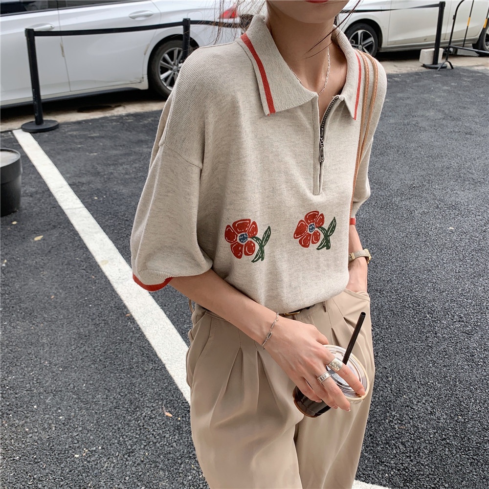 Áo Sweater Dệt Kim Cổ Polo Tay Ngắn Dáng Rộng Phong Cách Retro Hàn Quốc Thời Trang | BigBuy360 - bigbuy360.vn