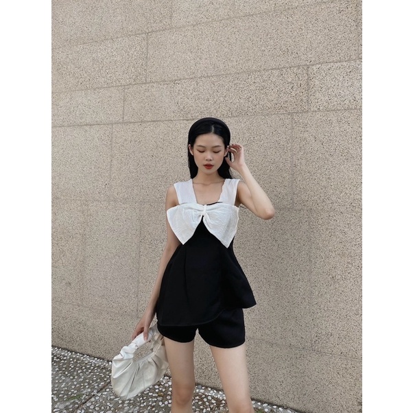 SET ÁO ĐEN PHỐI NƠ NGỰC + QUẦN SHORT ĐEN