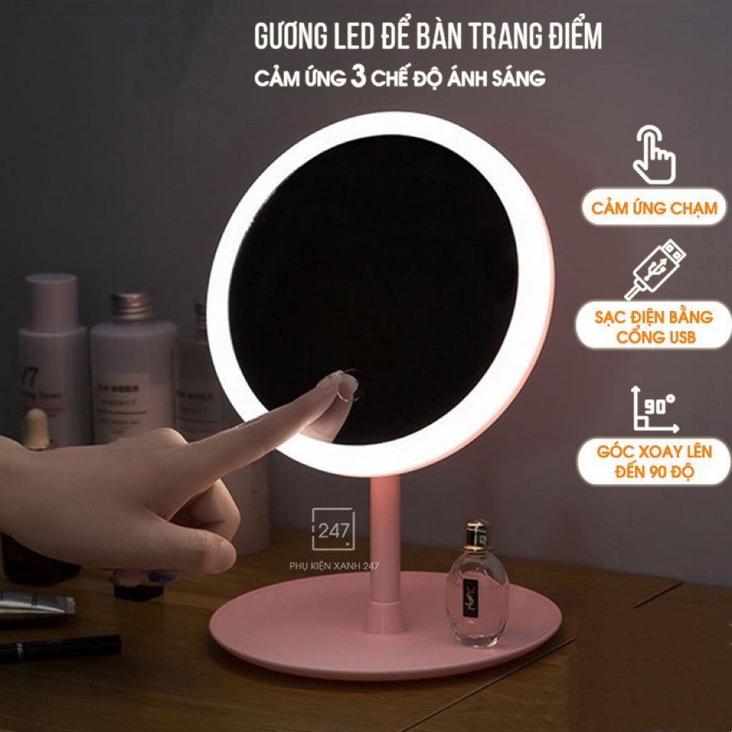 Gương Để Bàn Trang Điểm Có Đèn Led Cảm Ứng 3 Chế Độ Ánh Sáng Gương MakeUp