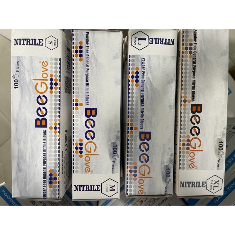 bao tay y tế bee glove Nitrile màu xanh , size S M L XL