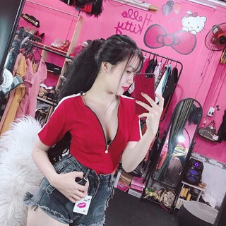 Áo thun gân tay ngắn dây kéo