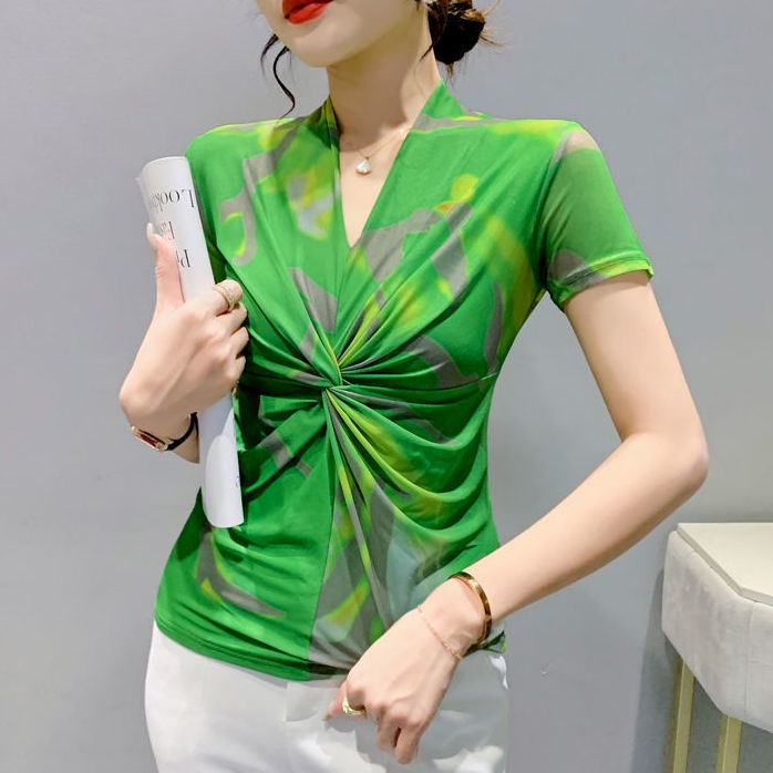 Áo Thun Tay Dài Cổ Chữ V Phối Lưới Nhuộm Màu Phong Cách Phương Tây Thời Trang Mùa Xuân Cho Nữ s 2022