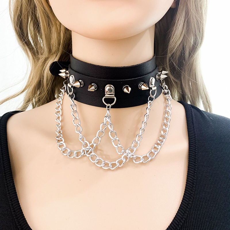 Vòng cổ choker đính đinh tán phối chuỗi dây xích phong cách punk gothic thời trang cho nam và nữ