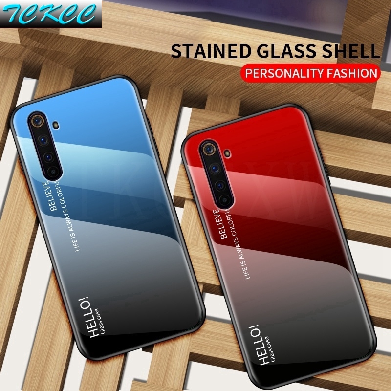 Ốp điện thoại kính cường lực cứng viền mềm màu gradient cho Realme 6 Pro 6i 5i Realme C3
