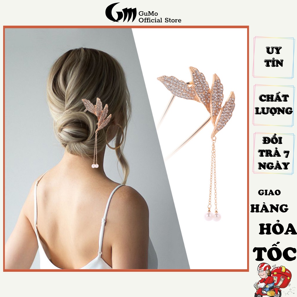 Trâm cài tóc cổ trang đính đá hình chiếc lá phụ kiện châm búi tóc phong cách thanh lịch quý phải cho nữ GUMO Accessories