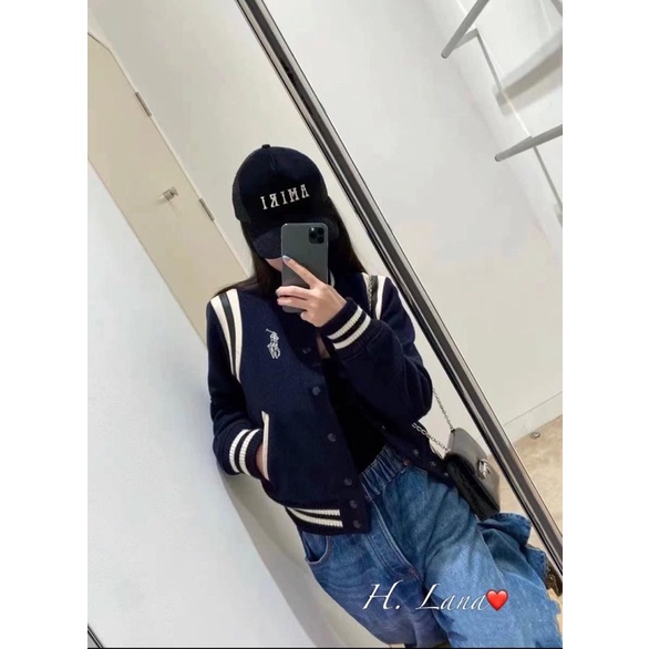 ÁO BOMBER XANH PHỐI SỌC TRẮNG THÊU NGỰA