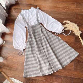 Set sơ mi trắng tay nơ + yếm caro