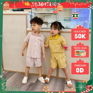 Bộ đồ kẻ caro cho bé mặc nhà MAGICKIDS - Set áo cộc tay có cổ và quần đùi thoáng mát cho trẻ từ 8-23kg