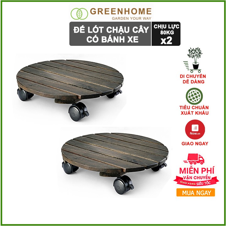 Bộ 2 Đế lót chậu cây có bánh xe, hình tròn, màu đen, bằng gỗ, chịu lực 80kg, R30xC8cm |Greenhome