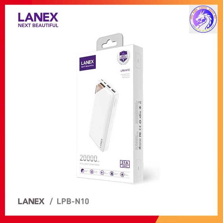 PIN DỰ PHÒNG LITHIUM 2 CỔNG USB 2.1A 20000MAH LANEX LPB-N10 - ĐÈN LED