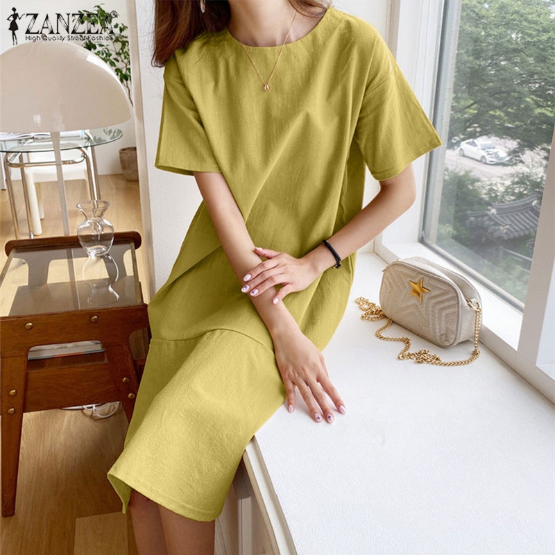 Đầm midi ZANZEA tay ngắn cổ tròn dáng rộng thời trang dành cho nữ