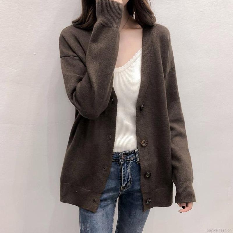 Áo Khoác Cardigan Dệt Kim Cổ Chữ V Tay Dài Màu Trơn Kiểu Hàn Quốc Đơn Giản | BigBuy360 - bigbuy360.vn