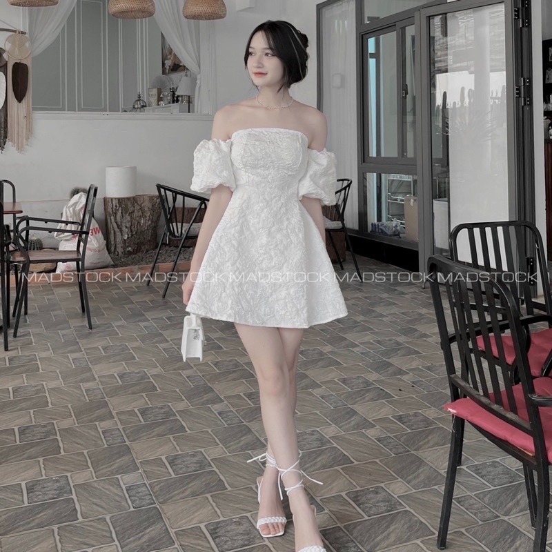 Váy-đầm cúp ngực *ayata* vải gấm hoa dày dặn tay bồng