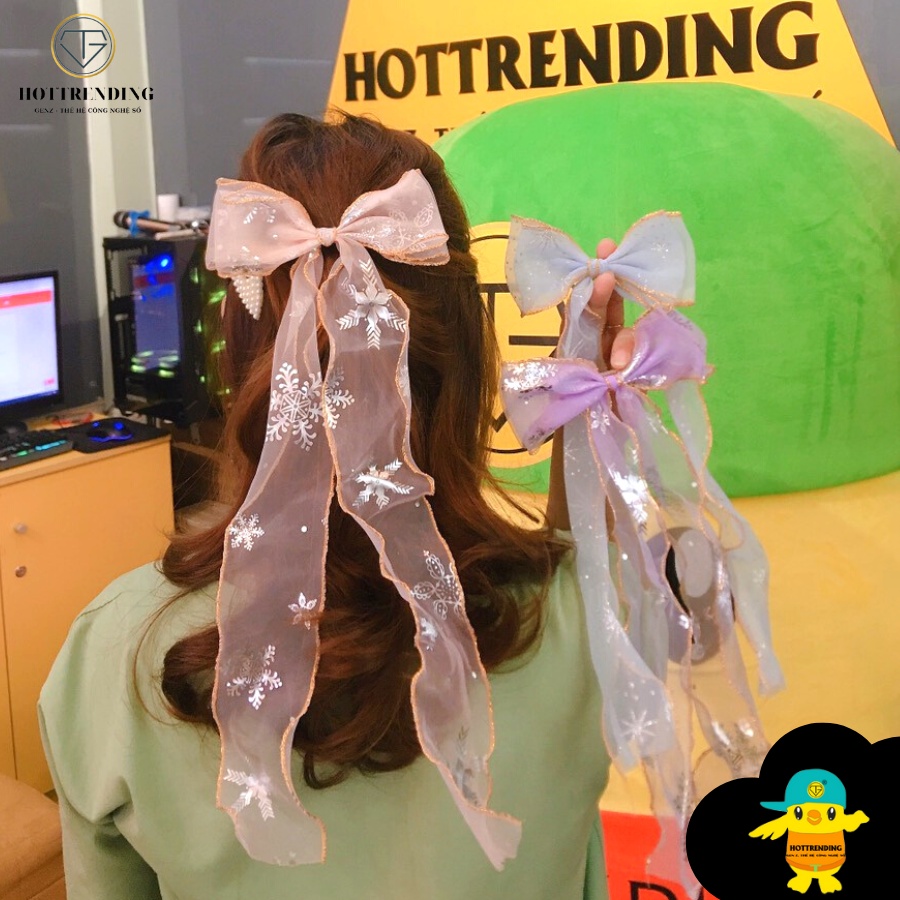 Kẹp nơ vải voan dài hoạ tiết cute phong cách tiểu thư