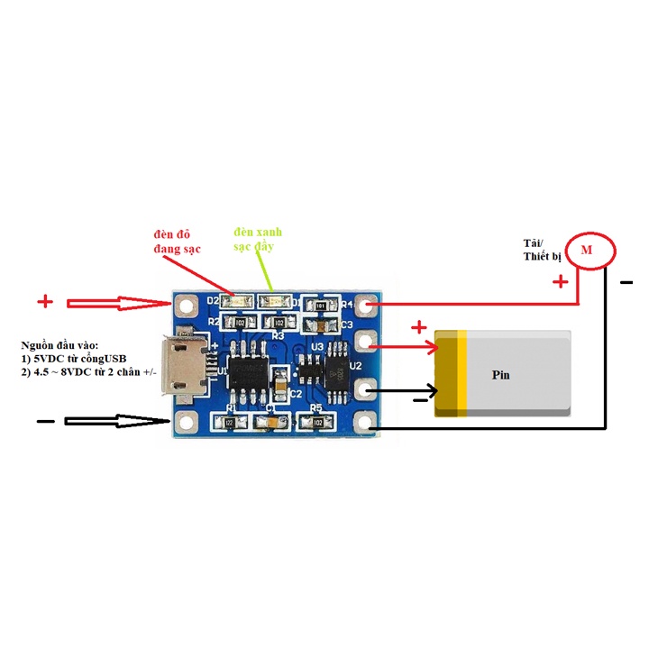 Mạch sạc TP4056 cho pin 1S Lithium 18650 li-ion lipo 3.7V cổng cắm MicroUSB - Có cân bằng, có bảo vệ, có đèn led báo sạc