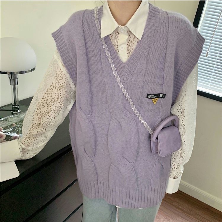 Áo không tay cổ chữ V/áo mi ren khoét rỗng phong cách Hàn Quốc