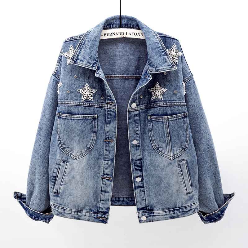 Áo khoác denim nữ mới mùa thu 2021 phiên bản Hàn Quốc áo khoác trơn màu kim cương đính hạt rời áo khoác mỏng dài tay xu