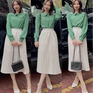 Set chân váy trắng xếp li kèm áo sơ mi dài tay cổ sen vintage