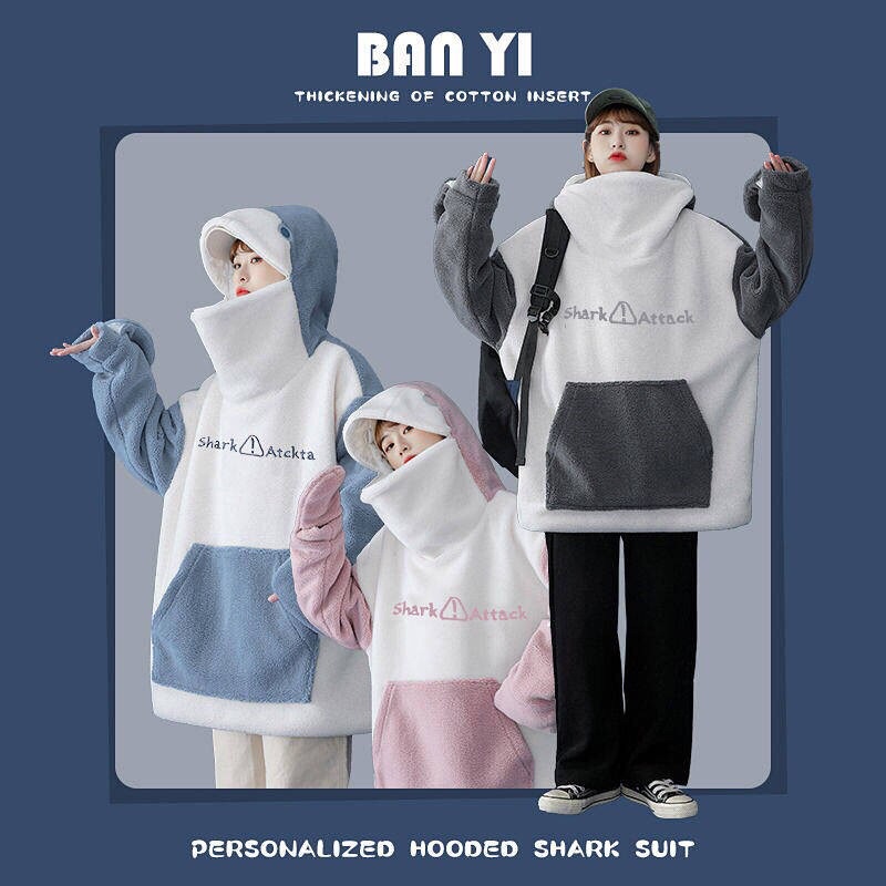 Áo Ngủ Hoodie Bông Hình Cá Mập Khoá Kéo Che Mặt