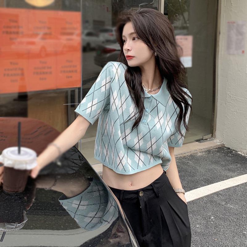 Áo Croptop Dệt Kim Tay Ngắn Kẻ Sọc Ca Rô Kiểu Hàn Quốc Dễ Thương Cho Nữ