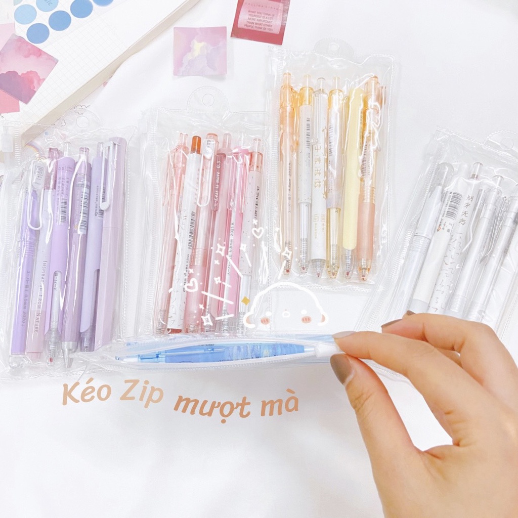 [TẶNG TÚI ZIP] SET 6 BÚT PASTEL GEL ĐEN DỄ THƯƠNG KHÔNG TRÙNG MẪU