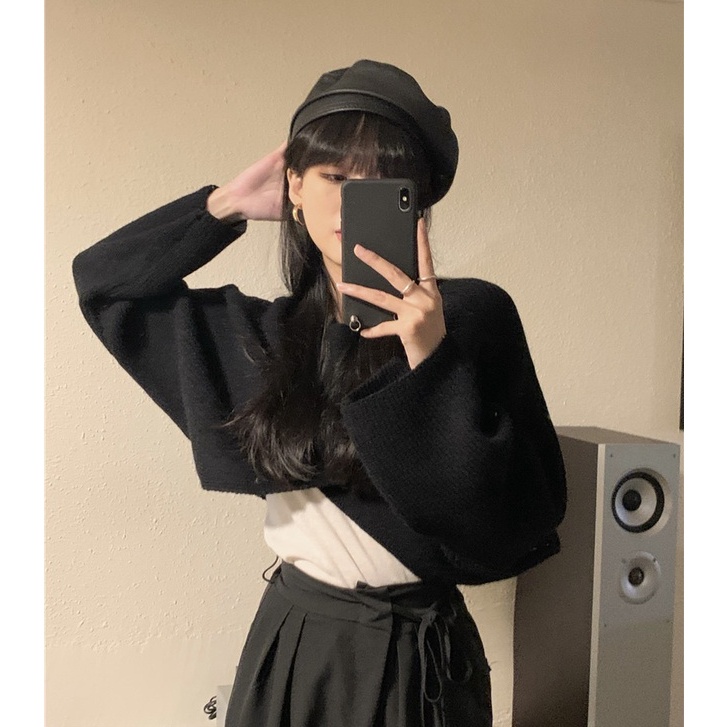 Porozi Áo sweater nữ dệt kim tay dài dáng ngắn thời trang phong cách Hàn Quốc