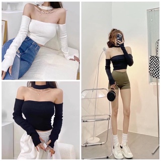 Áo kiểu croptop tay dài phối cổ hở ngực sẽy cá tính độc lạ cho nữ